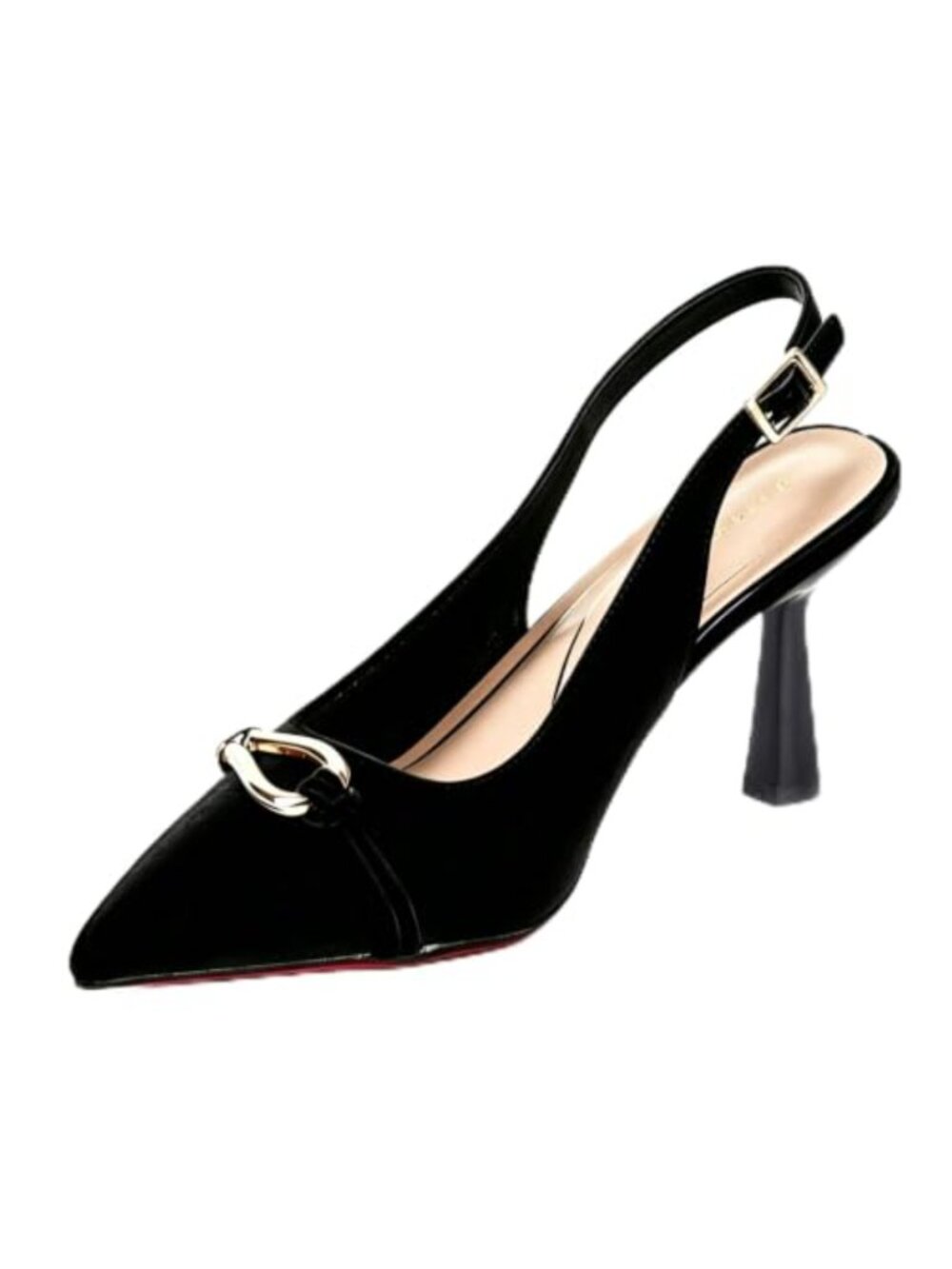 Satin Pointed Toe Slingback Pump Heels with Metal Chain Buckle